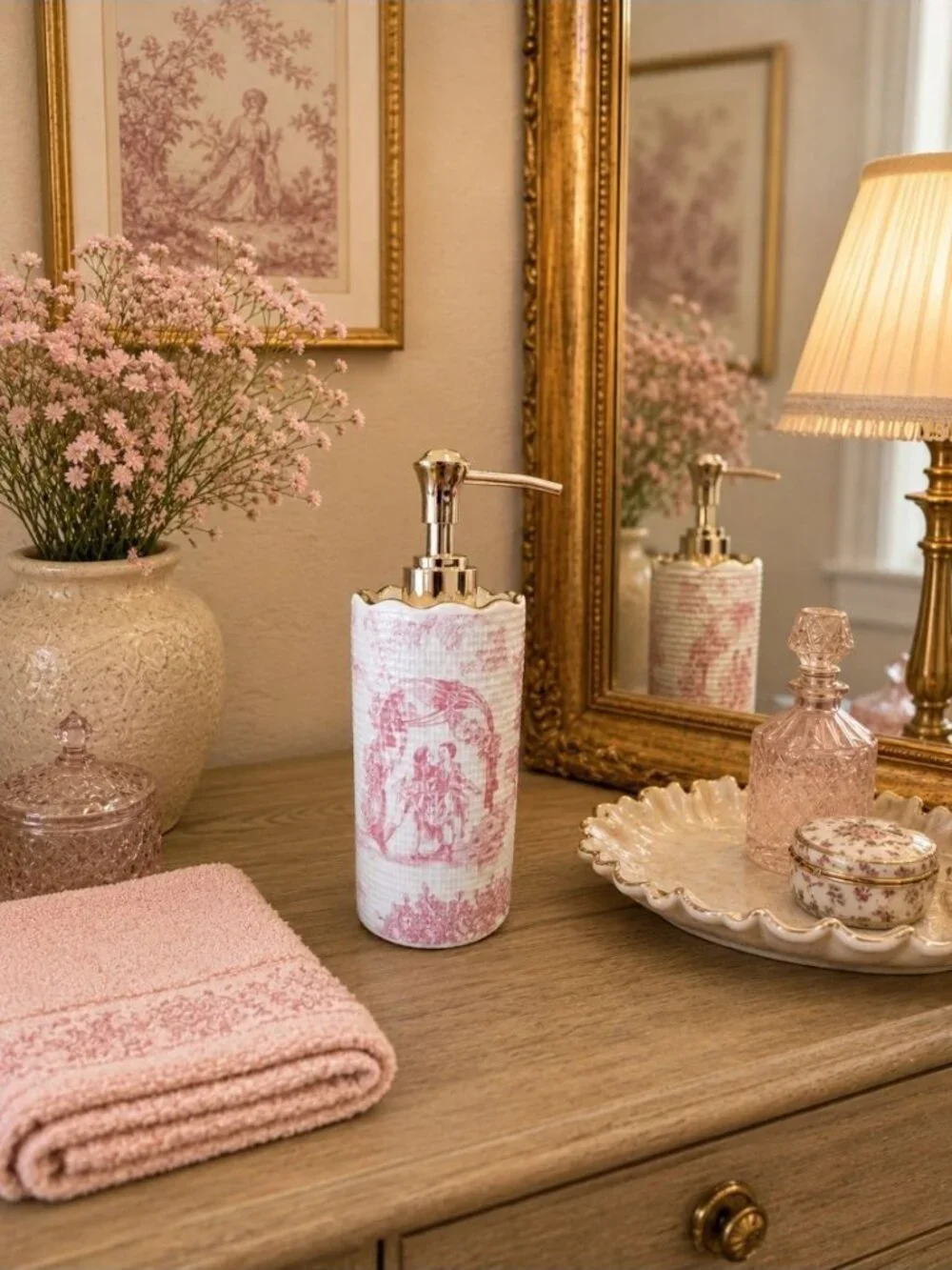 New Pink Toile French Country Soap Lotion Dispenser Pump Bathroom Vanity Decor